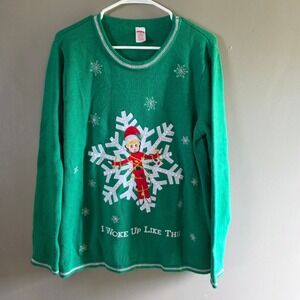 Holiday Time Womens Ugly Christmas Sweater Elf Size XXL Green Embroidered Snow